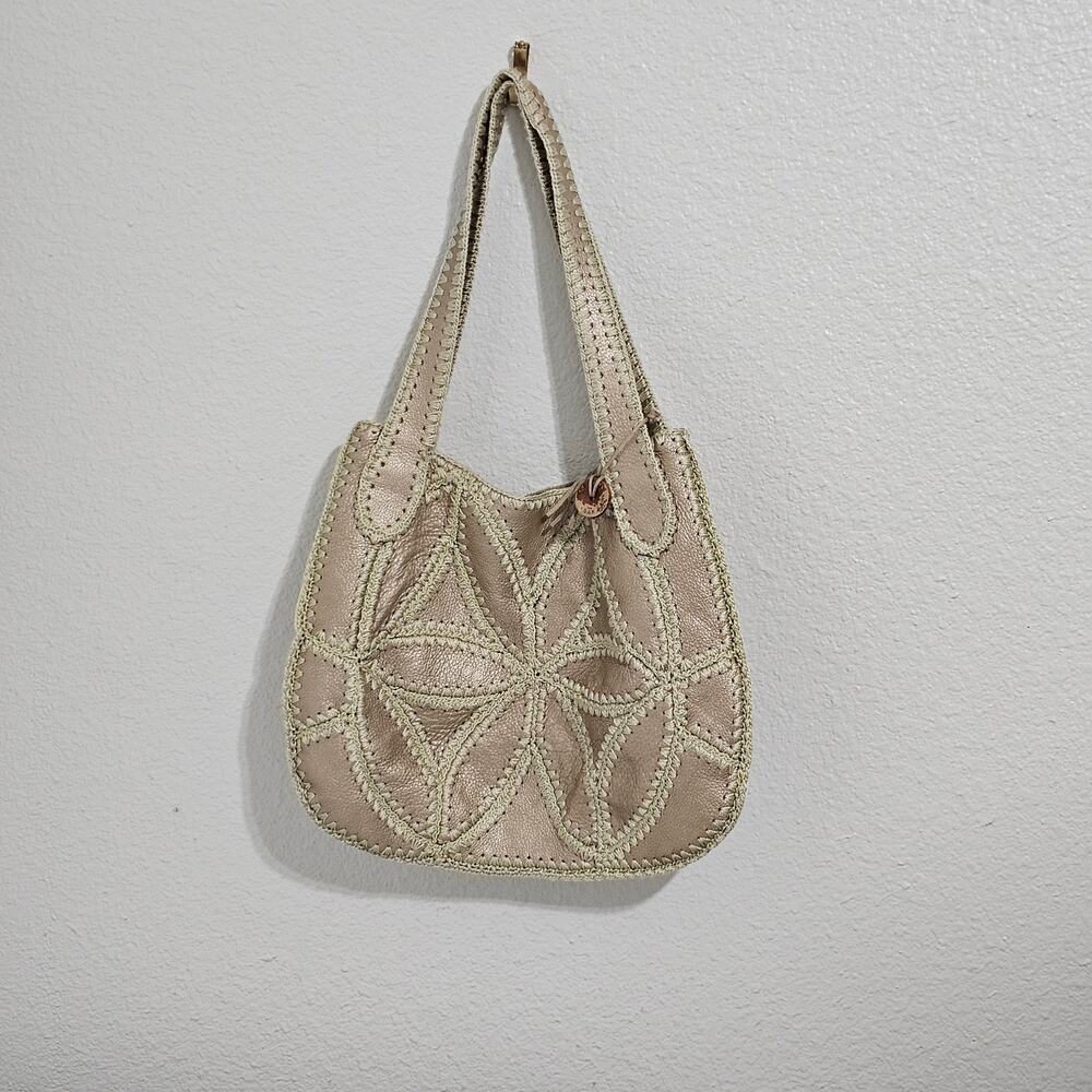 The Sax Cream Leather Embroidered Hobo Bag With Floral Stitching 15" x 11"